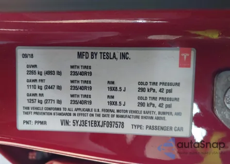 2018 Tesla Model 3 Long Range/Performance from USA, damaged, VIN 5YJ3E1EBXJF097578